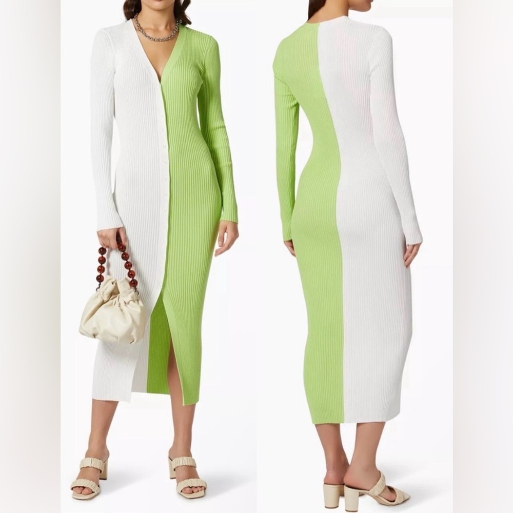 NEW Staud Shoko Long sleeve ribbed white green Sweater midi Dress Sz M